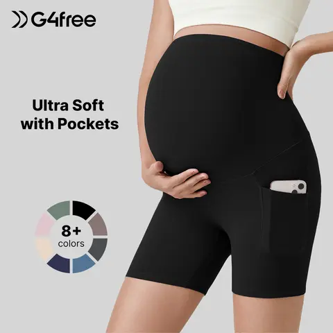 G4Free Barefeel Maternity Biker Shorts - 5" Over The Belly Leggings with Pockets, Maternity Clothing, Pregnancy Must Haves, Soft Skin-Like, High Elasticity, Breathable, Wicking, Fast Drying, Athletic Workout Active Bottoms,#sohochic
