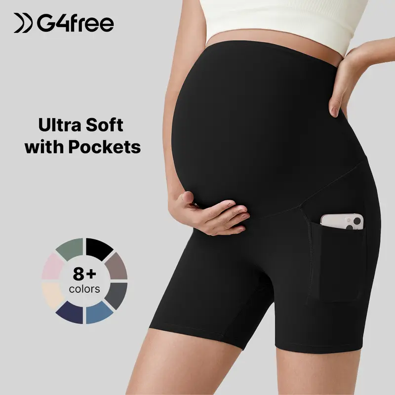 G4Free Barefeel Maternity Biker Shorts - 5" Over The Belly Leggings with Pockets, Maternity Clothing, Pregnancy Must Haves, Soft Skin-Like, High Elasticity, Breathable, Wicking, Fast Drying, Athletic Workout Active Bottoms,#sohochic