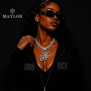 MAYLOR Hip Hop Iced Out Initial Necklace for Men & Women, Rhinestone Letter Pendant Cuban Link Chain, Bling Crystal Alphabet Necklace, Trendy Chunky Chain Jewelry for Party, Streetwear, Birthday & Gift