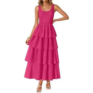 ZESICA Women's 2026 Summer Boho Sleeveless Midi Dress Scoop Neck Ruffle Tiered Layered Swing Long Beach Vacation Dresses