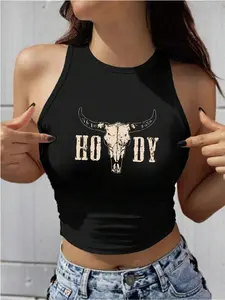 Women's Bull Head & Letter Print Round Neck Tank Top, Casual Sleeveless Graphic Top for Summer, Ladies Clothes for Daily Wear