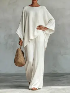 2026 New Arrival Women's Simple Minimalist Loose Linen Blend Shirt and Wide Leg Pants Set, Casual Fashion for Everyday Wear