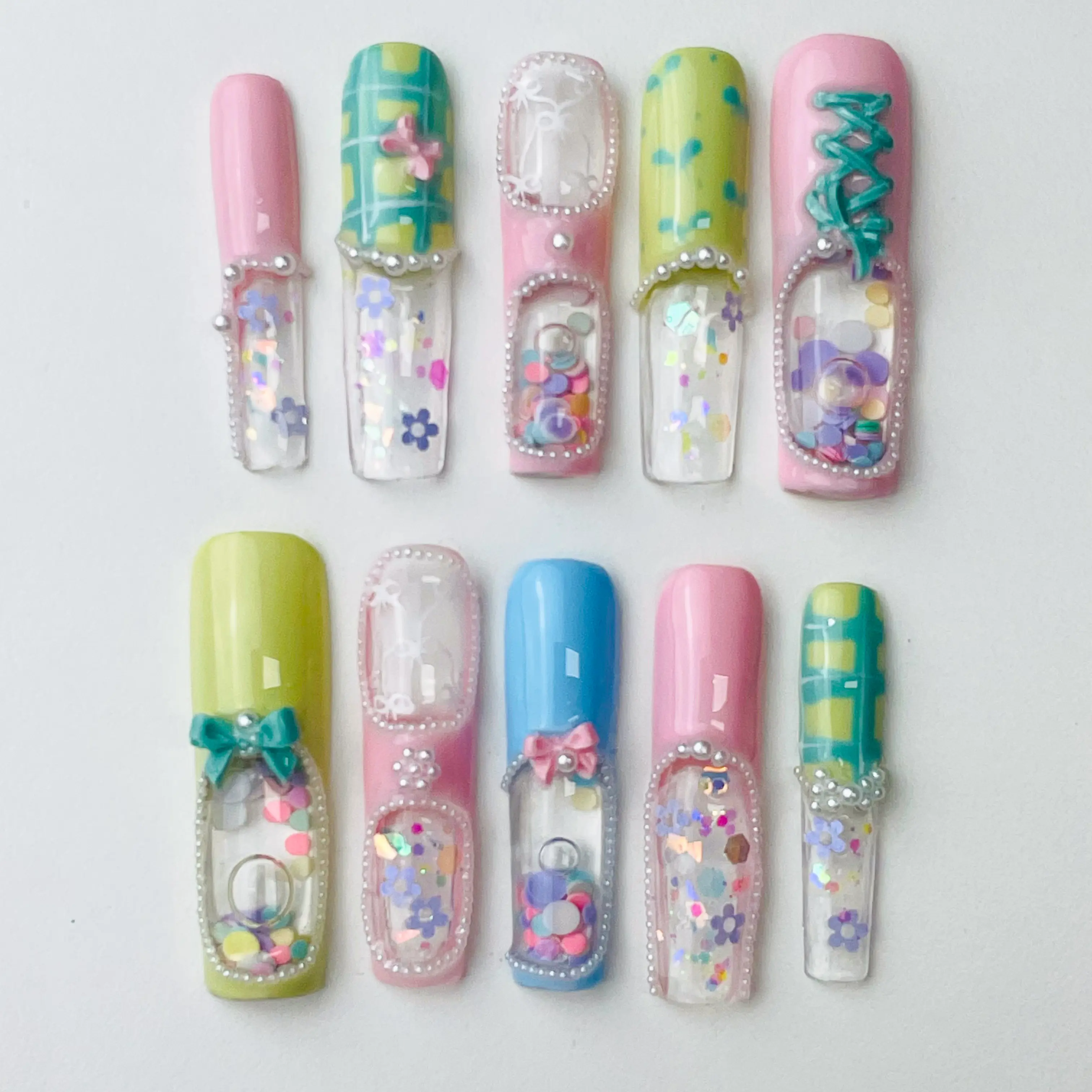 Sugar Bow Aquarium Press-On Nails, 1.7-inch Square Coquette Style with Pastel Liquid Core, Summer Nail Art Supply, Nail Designs