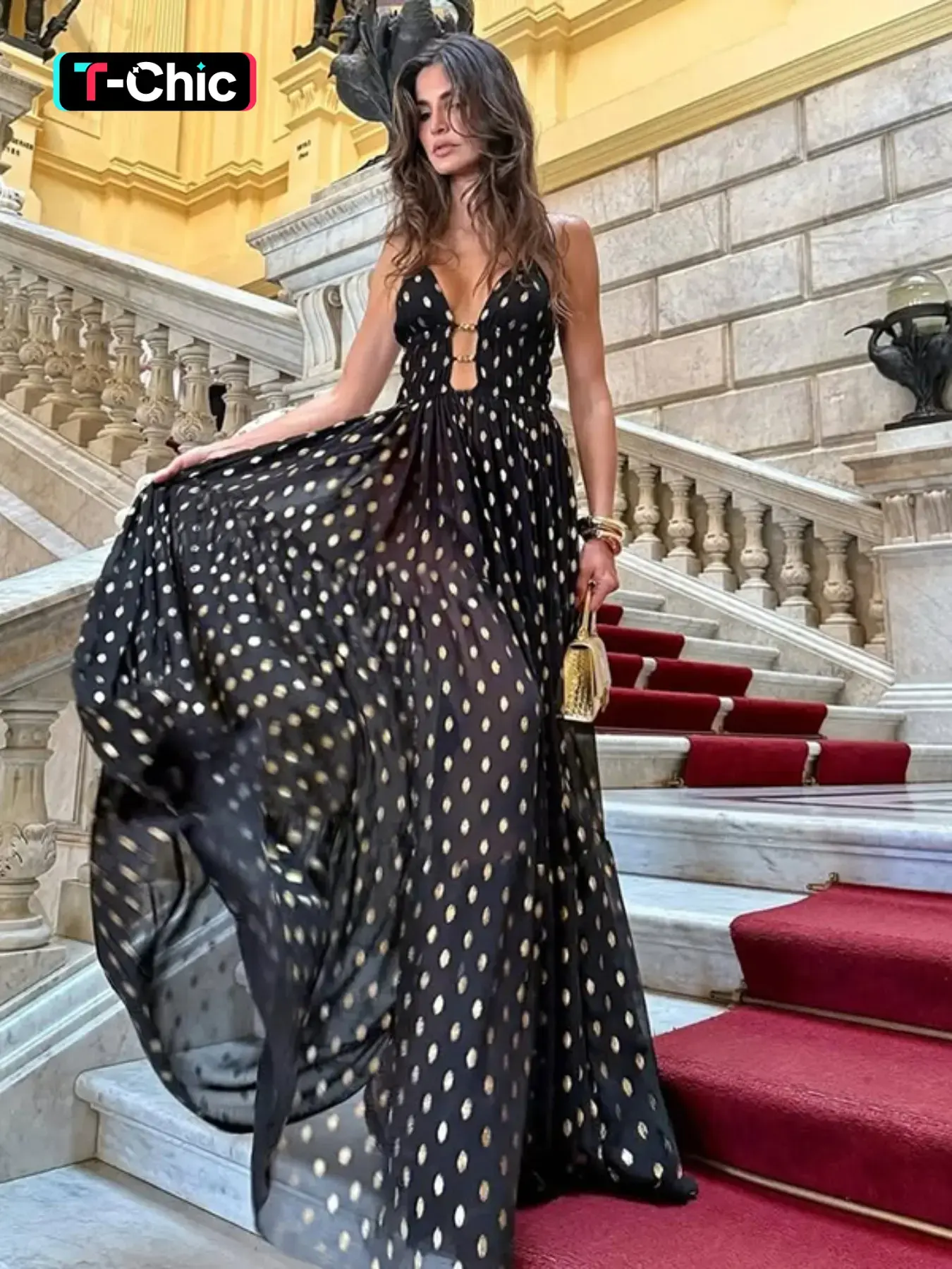 Polka Dot V-Neck Vacation Strapless Dress, Summer Casual Boho Elegant Chic Aesthetic Style, Women's Fashionable Beachwear, Comfortable and Stylish, Bohemian Style Dresses, Womenswear, Boho Elegance Style