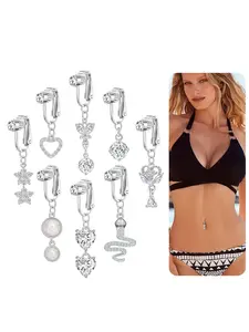 8PCS Fake Belly Ring Clip on Belly Button Rings Heart CZ Star Snake Butterfly Evil Eye Flower Devil Non Piercing Dangling Navel Ring Jewelry Set For Women Silver Tone