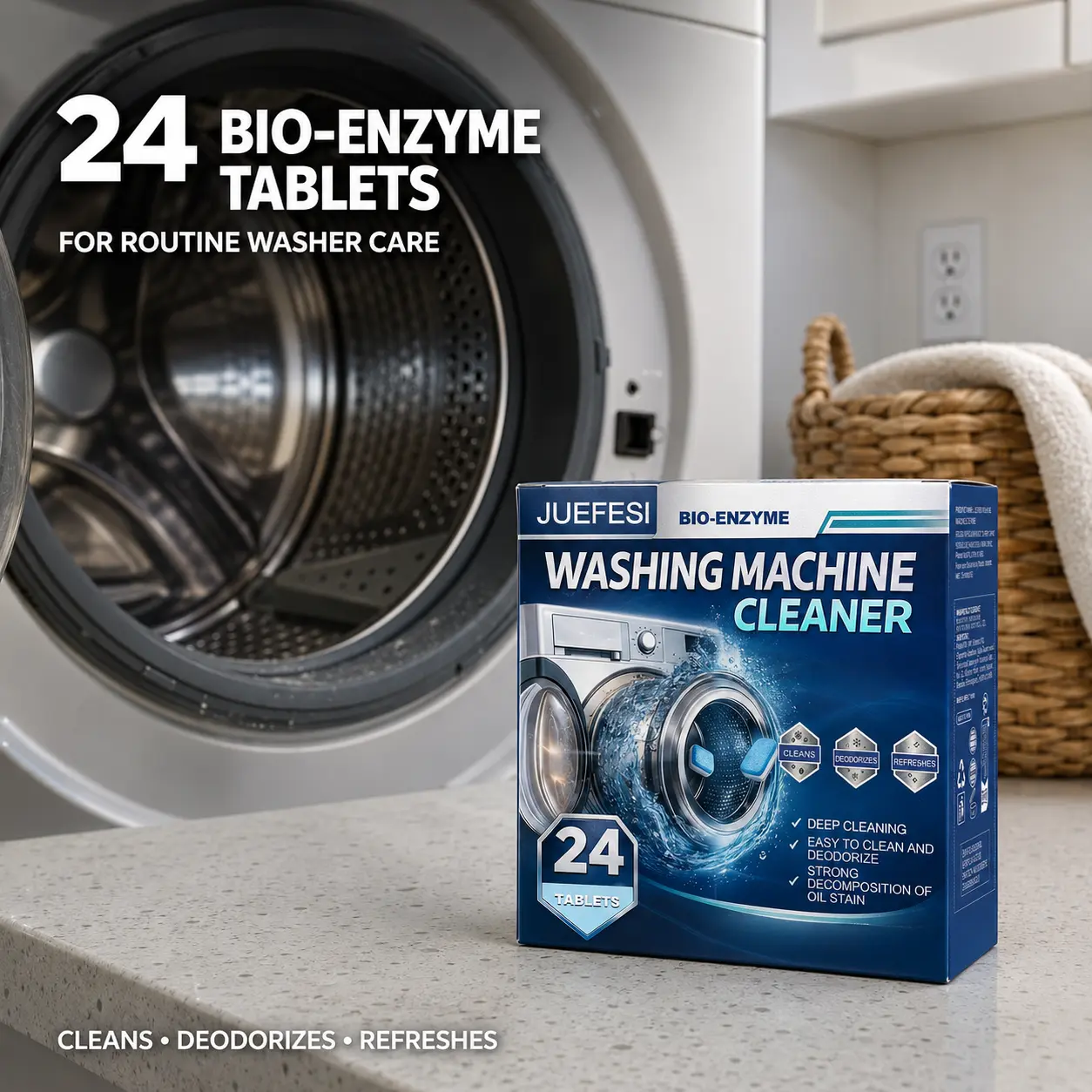 Washing Machine Cleaner 24 Tablets Descaler Tablet Scale Remover Deep Cleaning Citric Acid Bio-Enzyme Formula Deodorizer HE Front Loader Top Load Washer Inside Drum Laundry Seal Household Nickel Safe
