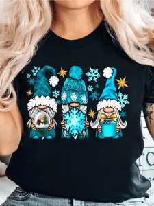 Charming Women's Casual Short Sleeve TShirt Featuring Festive Gnome and Snowflake Pattern
