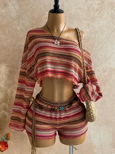 Women's Fashion Sexy Asymmetrical Shoulder Floral Long Sleeve Top + High Waist Shorts Two-Piece Set, Vacation Style, Casual Wear