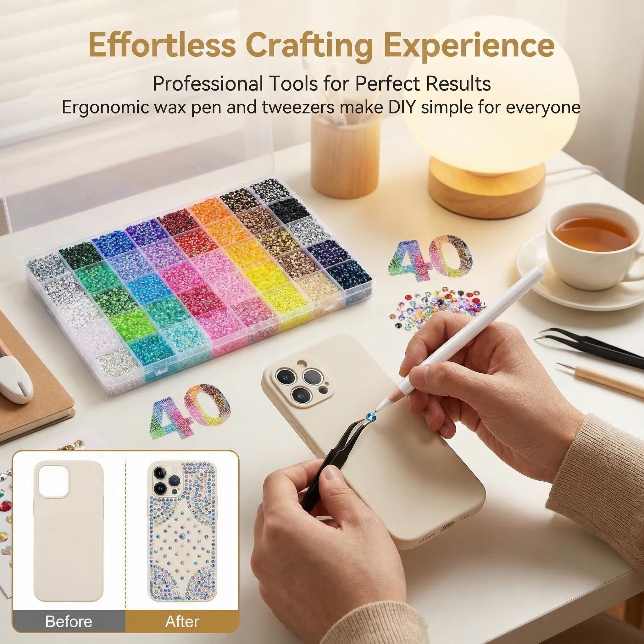 DIY 40 Color Rhinestones Synthetic Beads with 3mm Mixed Resin Synthetic Beads & Complete Tool Kit,Diamond Nails Bedazzler Kit Suppliesfor Nail Art Decoration Accessories TumblersShoes Clothes Jewels DIY Tools Gift flatback painting jelly nail kit