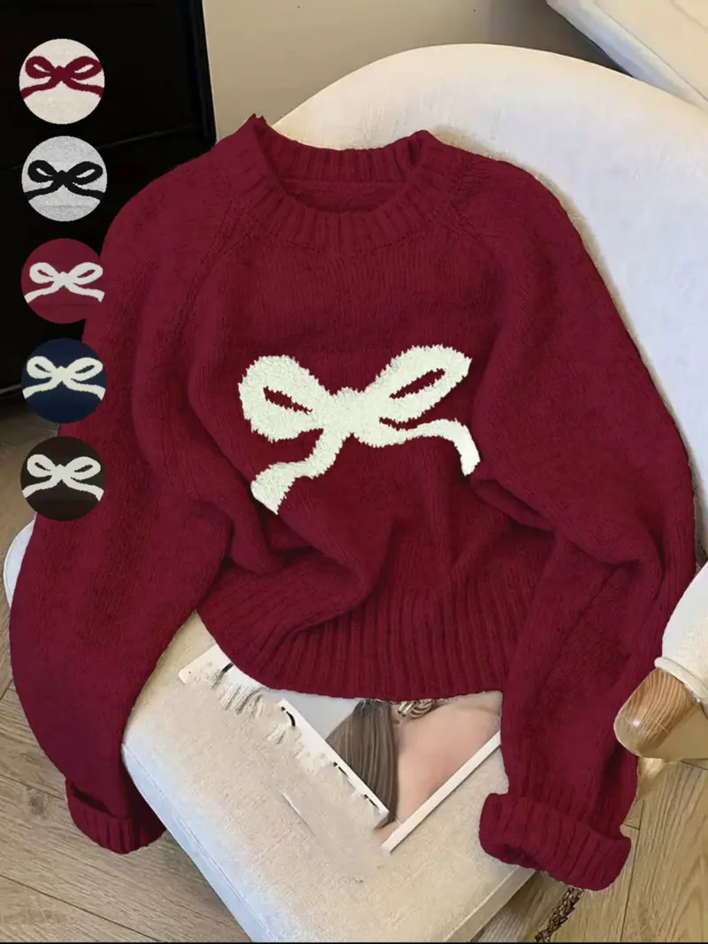 Elegant Women's Loose Bow Embroidered Moire Sweater, Casual Round Neck Long Sleeve Knitwear, Spring & Fall Fashion