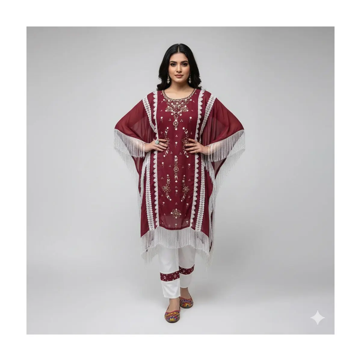 Stunning Maroon with intricate embroidery & crystal detailing Kaftan Set (KF-7)