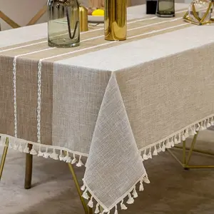 [Washable Linen Tablecloth] Rustic Tassel Tablecloth 1pc |   Washable, Linen, Geometric Pattern |   Perfect for Picnics, Camping, Weddings, Birthday Parties, Thanksgiving, Restaurants, Buffet - Home Kitchen Decor, Machine Made