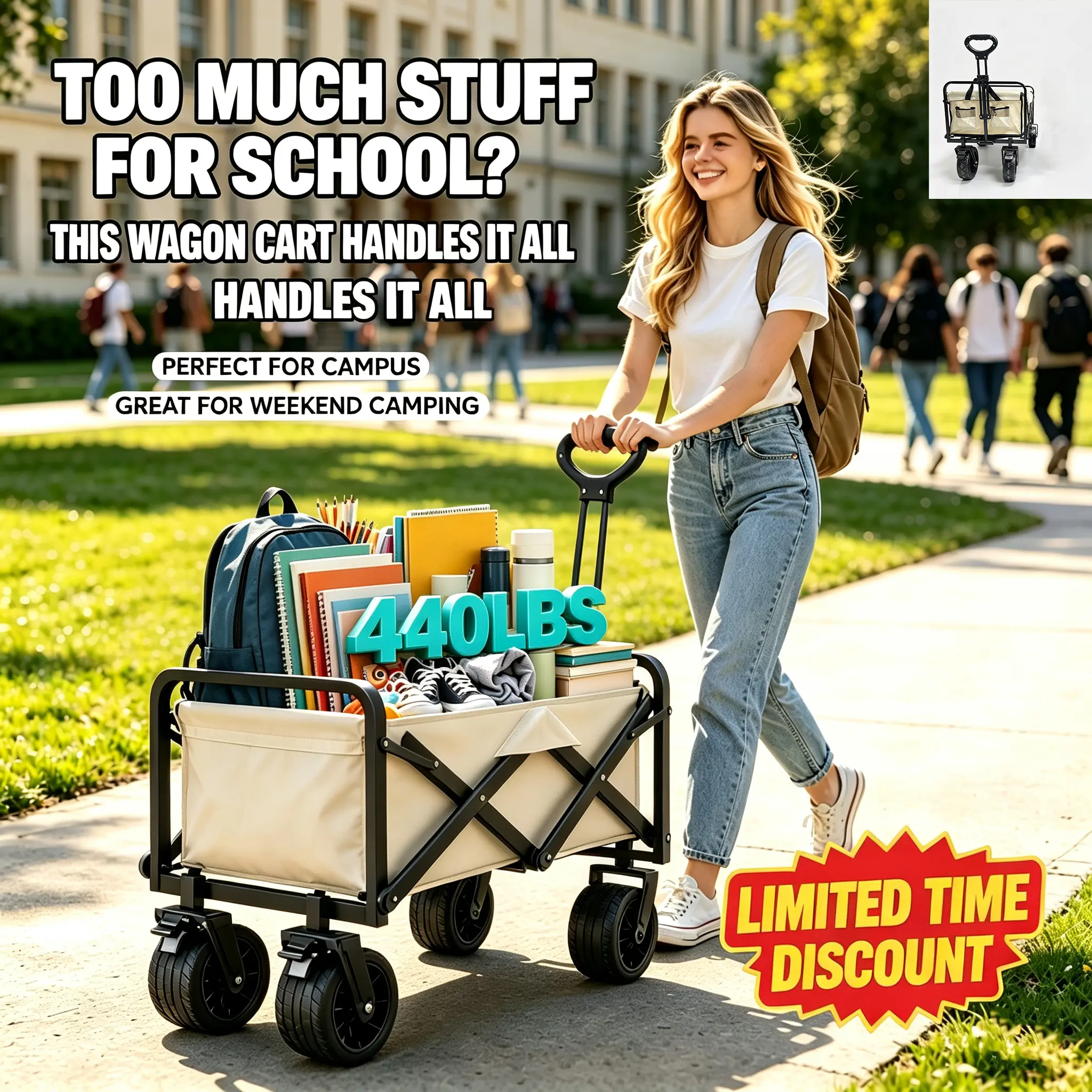 Heavy Duty Foldable Wagon Cart 440LBS All-Terrain Utility Trolley with Brakes & Cup Holders, Adjustable Handle Collapsible Outdoor Cart, Must-Have College Dorm Hauler for Back to School Campus Supplies, Camping, Grocery Shopping & Yard Work