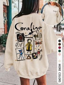 women's coraline cartoon print crewneck pullover sweatshirt, casual loose-fit round neck design, comfortable fall & winter fashion top, womenswear