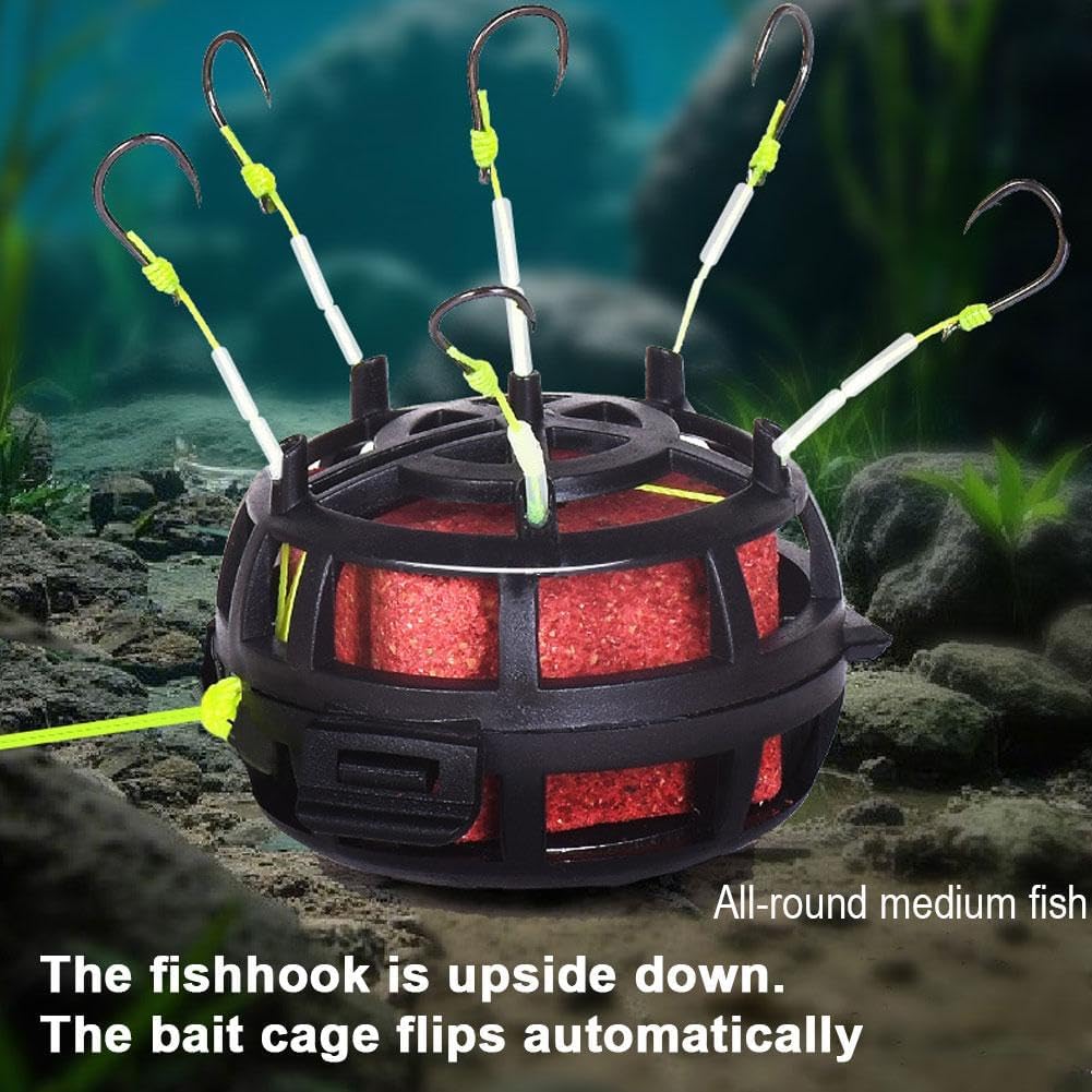 BTF High-Carbon Steel Anti-Snag Off-Bottom Mine Hooks, Pre-Tied Upward Carp Feeder Rig with Bait Cage, Easy Bottom Casting Fishing Gear Accessories for Freshwater Carp Catfish Bass Pole/Baitcaster Fishing