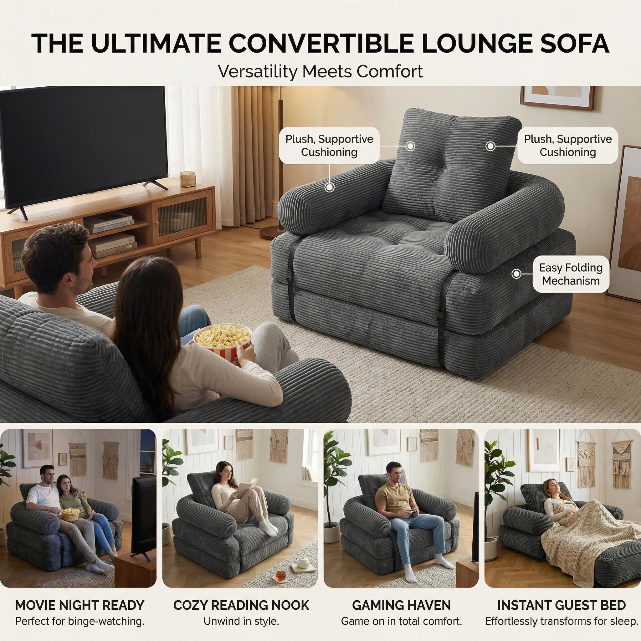 Del Mar loveseat Convertible Single Seater Sofa Bed Boneless Floor Couch Sleeper with Armrests, Soft Corduroy Foldable Lazy Sofa Chair for Living Room/Bedroom