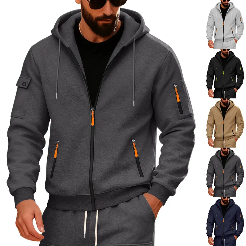 Menswear Men’s American-Style Functional Color-Block Zip-Up Hoodie Sweatshirt - Full Front Zipper, Multiple Pockets, Cargo Casual Design, Soft Breathable Fabric, Side Zipper Armholes - Versatile for Commuting, Jogging