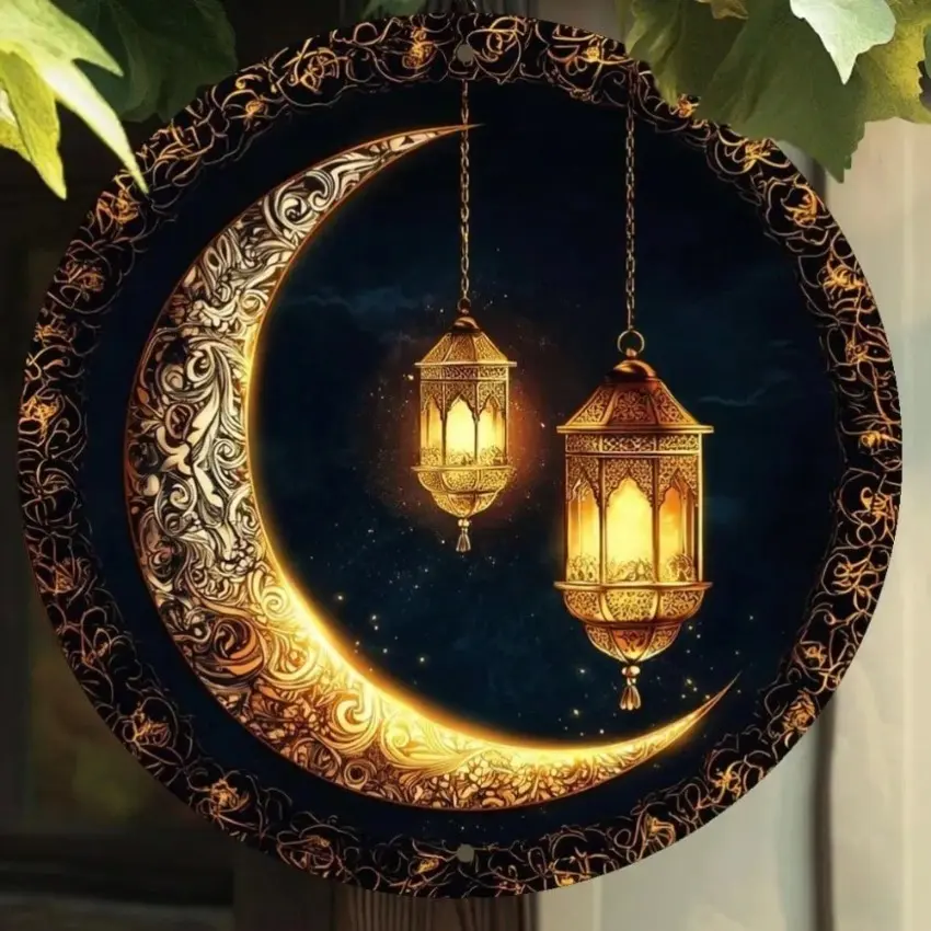 Vintage Ramadan Aluminum Wall Art 8x8 Inch Crescent Moon and Stars Islamic Religious Decorations Home Decor for Home Office Cafe Party Gift Living Room Bedroom Housewarming