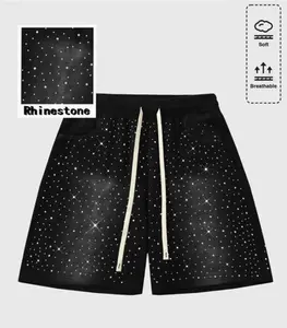 Y2K rhinestone graffiti jorts baggy denim shorts for men streetwear hip hop washed black cyber jean shorts