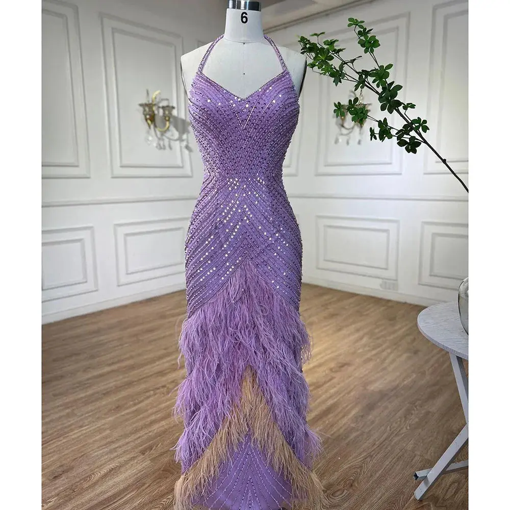 Lilac Elegance: 2025 Luxury Dubai Feathered Evening Dresses - Halter Mermaid Style