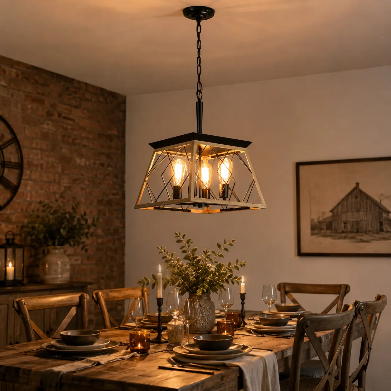 Farmhouse Vintage Chandelier, Rustic Pendant Light,Industrial Hanging Light Fixture for Dining Room Kitchen Island,Wrought Iron,ORB+Oak White 4 Lights E26 UL Listed