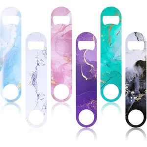 6 count Flat Bottle Openers - Heavy-Duty Stainless Steel  Bottle Opener Set, Bar Key for Bartenders,  for Kitchen, Restaurant, Bar - 6.9 Inches (Abstract Marble Print)