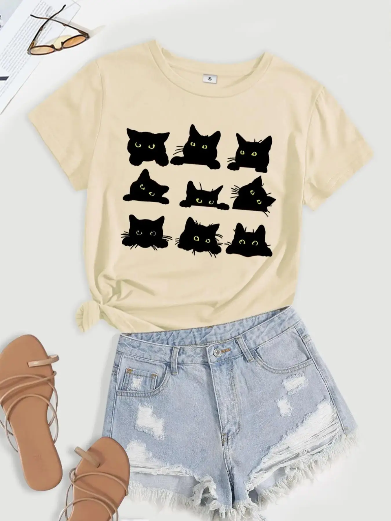 Women's Cartoon Cat Print Short Sleeve Tee, Casual Fashion Round Neck T-shirt, Summer Clothes Women, Women's Top for Daily Wear, Clothing
