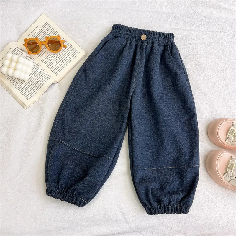 NewChildren's Imitation Jeans Autumn Winter Boys Patchwork Cuffed Pants Girls Loose Korean Style Lantern Pants Simple Pants