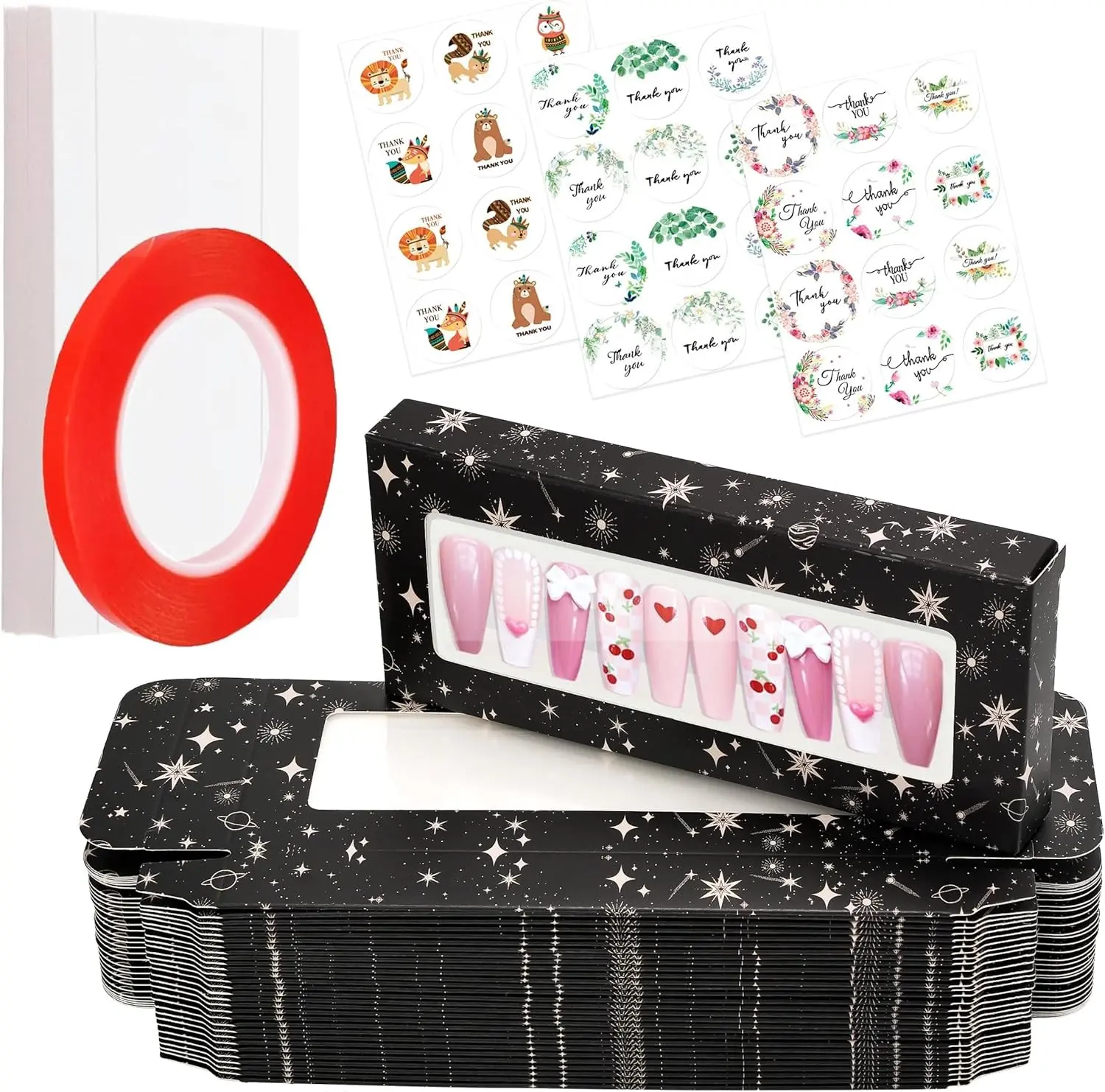 74PCS Press on Nails Packaging Box Set Includes 35PCS Empty Nail Package Box 35PCS White Background Paper 1 Double Sided Tape and 3 Thank You Stickers for Press on Nail Business (Black Sun and Moon)
