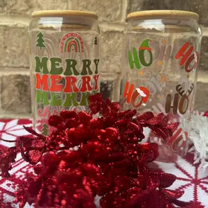 16 oz Holiday Glass Cup Bamboo Lids and Glass Straw, Can Shaped Drinking Glasses, Beer Glasses, Iced Coffee, Glasses, Cute Tumbler Cup, Ideal for Whiskey,Cocktail,Wine,Christmas Gift, Secret Santa