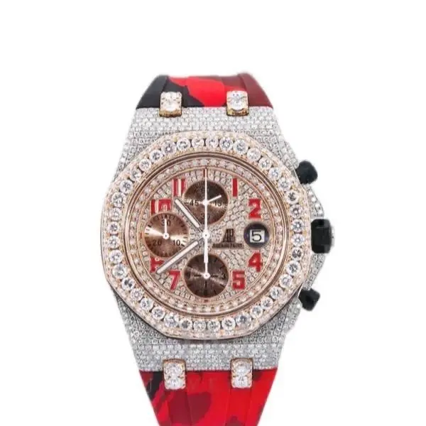 RUBBERBAND Chrono Jumbo Watch with Red Leather Strap, Decorative Bezel, and Elegant Design