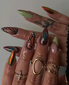 Monarch in Bloom Press On Nails, Autumn-Inspired Fake Nails, Butterfly Nail Art, Chic Brown and Green Nails, Handmade Press On