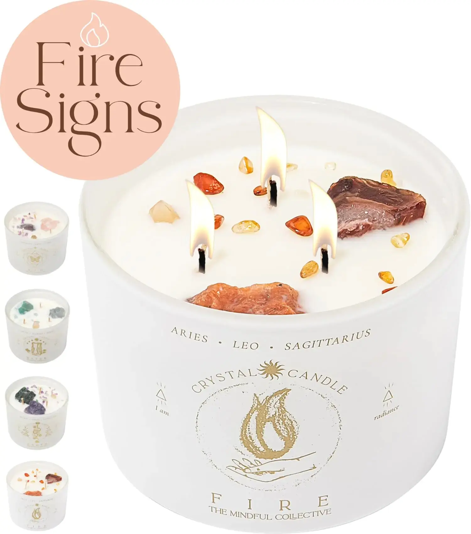 Aries Leo Sagittarius Gifts for Women - 12oz Crystals and Healing Stones Crystal Candle. Zodiac Candle Spiritual Birthday Gifts for Women. 3 Wick Aromatherapy Soy Candles for Home Scented