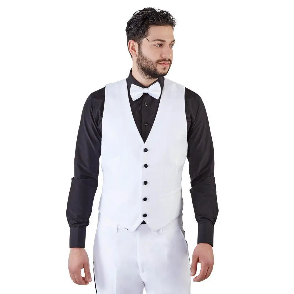 Mens White Tuxedo Vest With Black Buttons Formal Wedding Prom AZARMAN