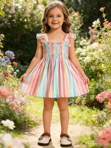 Girls' Rainbow Striped Sleeveless Dress, Sweet Fresh Farmhouse Style, Elastic Waistband, Small Sleeves Design, Colorful Stripe Hem