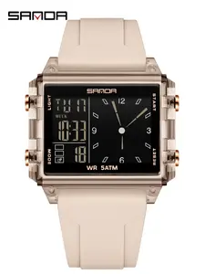 SANDA 6273 Square Transparent Shell Segmented Chronograph Waterproof Big Dial Digital Sports Electronic Watch