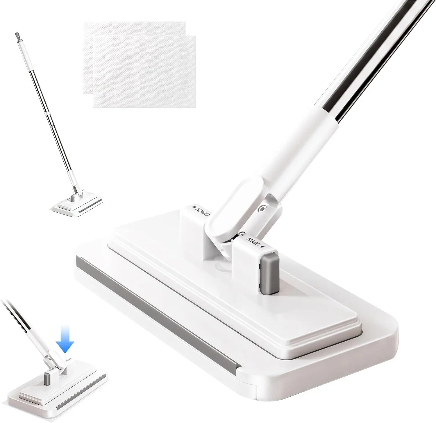 Lightweight Flat Wet/Dry Mop - Stainless Steel Adjustable Microfiber Cloth Mop with Cloth Clamp, 1-Touch Press, 360° Swivel Head for Hard Floors, Home Cleaning