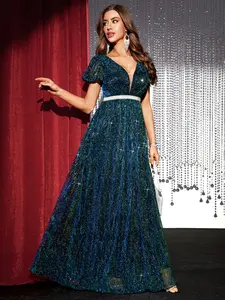 Elegant V Neck Princess Sleeve Waist Cinching Fitted Beaded Design Draped Party Maxi Dress, Formal Evening Gown for Special Occasions