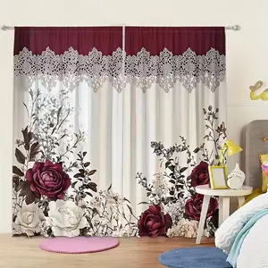 2-piece Valentine's Day vintage floral print curtains, Home textile, Victorian style, suitable for dormitories, bedrooms, living rooms, kitchens, and apartments for home decoration