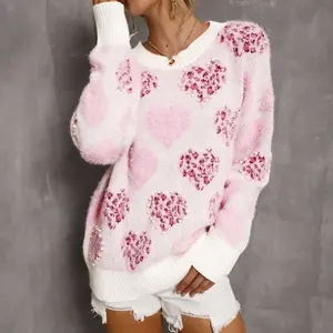 SHAPUM Pink Heart Pattern Knit Sweater Women Oversized Pearl Embellished Valentine's Day Fashion Soft Warm Crewneck Pullover Winter Outfit Trendy Cute Sweaters for Girls and Ladies