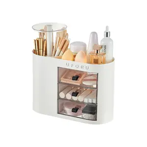 Cosmetic Storage Box with Makeup Drawer, 4 Brush Slots, One-Button Open, Spacious Space, Suitable for Vanity Table, Bathroom Countertop, Makeup Organizer Box