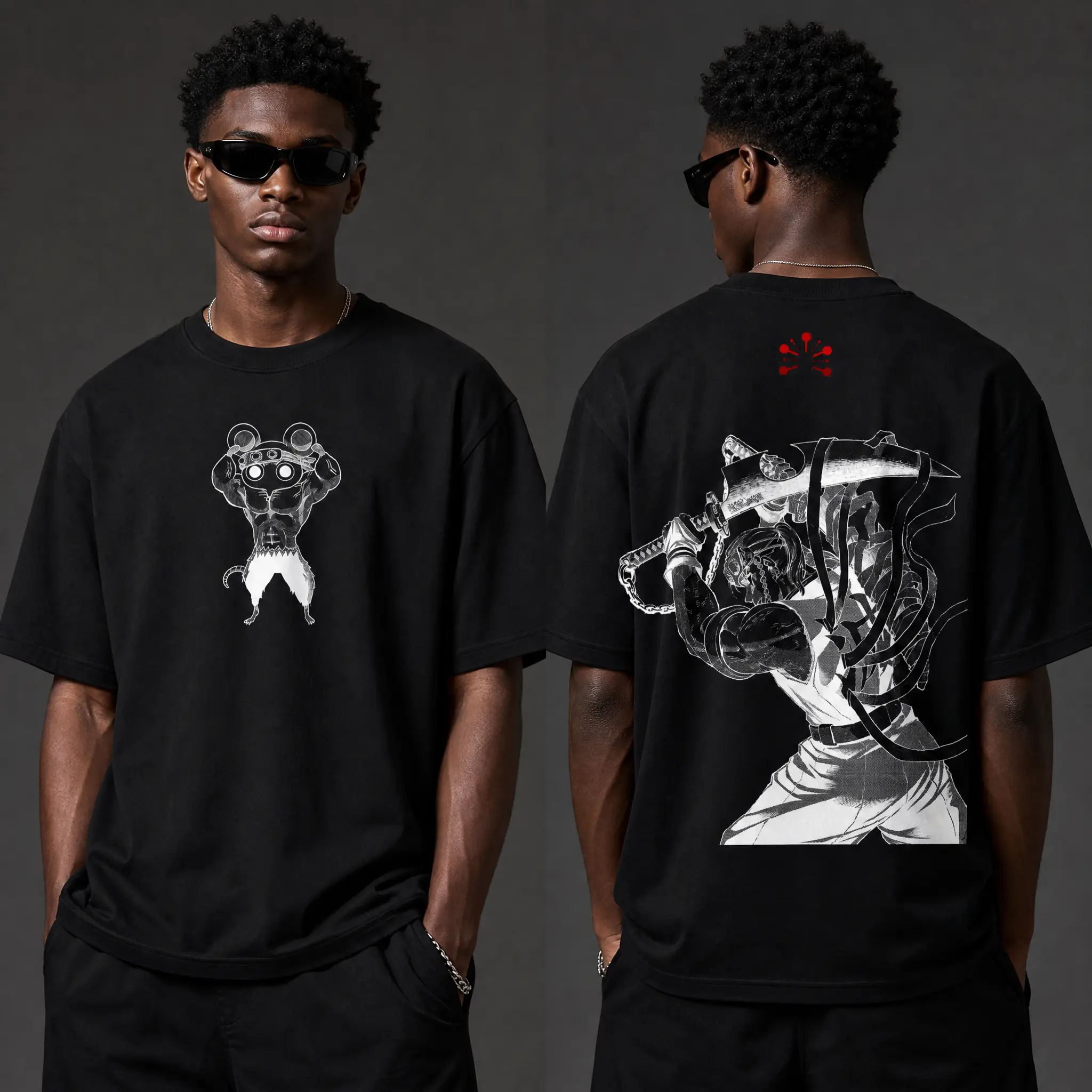 Tengen Muscle Mice Demon Slayer Anime Double Printed Vintage Washed Tee Unisex Oversize Anime Manga Washed Heavyweight Cotton T-shirt