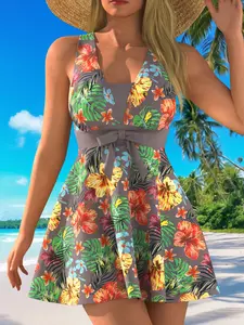 Tropical Print Women's Tankini Set Two-Piece, Tankini Swimwear Set, Tankini Swimsuits Women, Elegant Slim Fit High-End Fashion Swimsuit, Resort Spa Beachwear