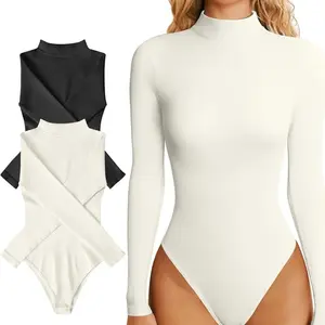 OQQ Sexy Ribbed Turtle Neck Long Sleeve Bodysuit