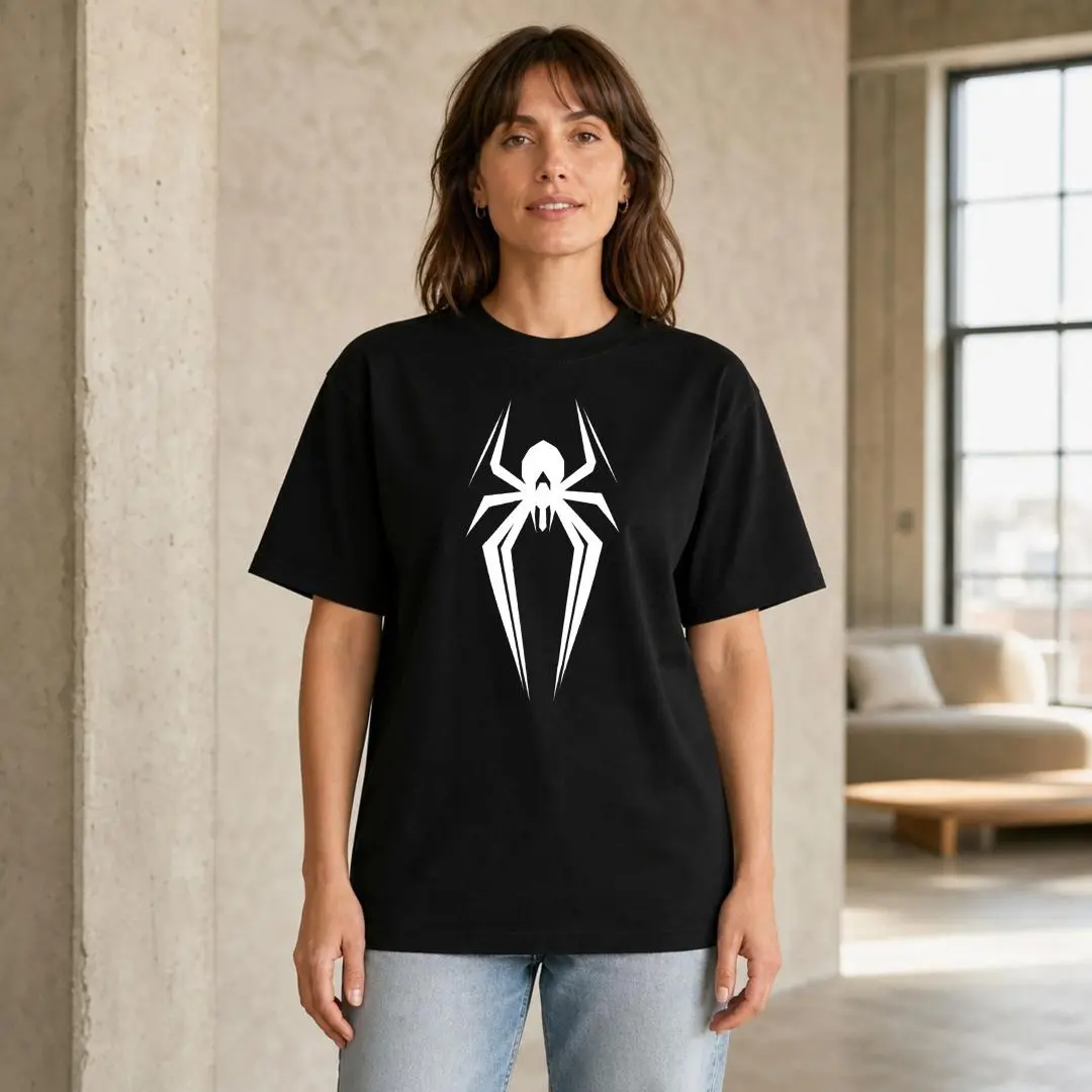 Xtauto Men's Unisex Cotton Straight-Fit Short-Sleeve Graphic Streetwear T-Shirt, White Spider Logo, Casual Summer Daily Wear, Gift For Spider-Man Fans, Top, Shortsleeve