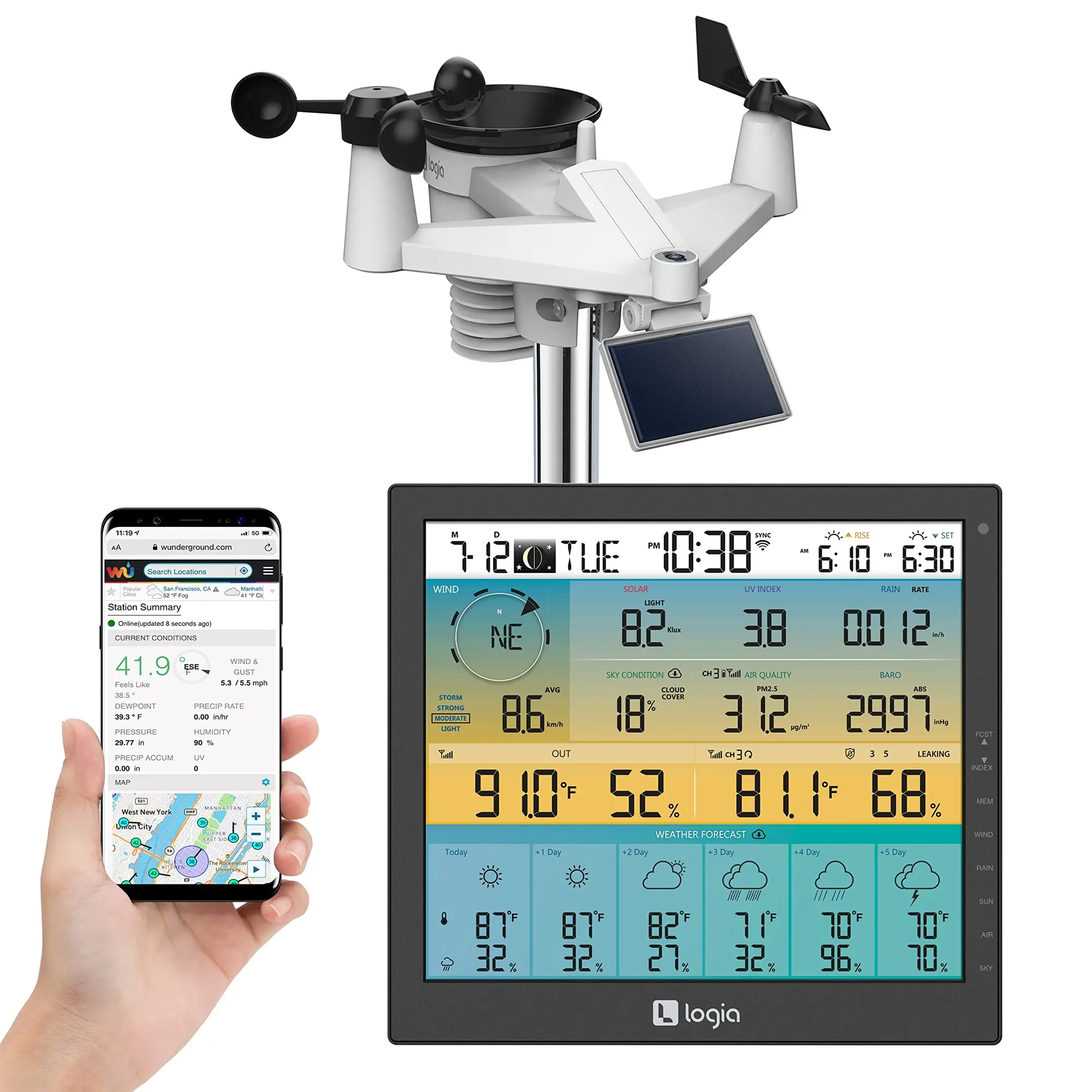Logia 7-in-1 WiFi Wireless Weather Station with 6-Day Forecast, Solar & Large 10" LED Display