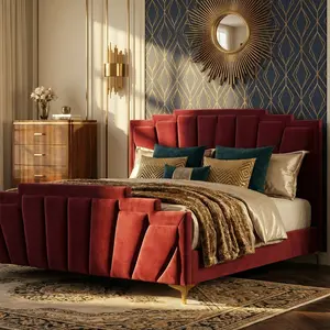 Floris Glam Platform Bed Frame with Art Deco Tufted Headboard Gold Legs – Queen or King by Furniture of America