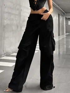 GILIPUR Women's Black Low Waist Cargo Pants, Wide Leg Parachute Trousers with Multi Pockets & Drawstring Cuffs, Streetwear Y2K Baggy Pants