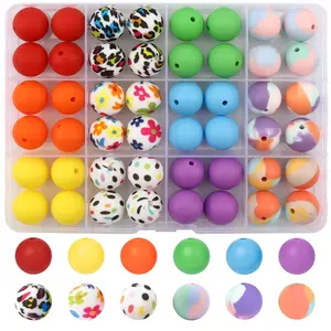48pcs 15mm Silicone Colorful Flower Pattern Round Elastic Diy Mix Beads, Jewelry Making, DIY Fashion Keychain, Pen Decorations, Bead For Pen, Bracelets, Necklaces