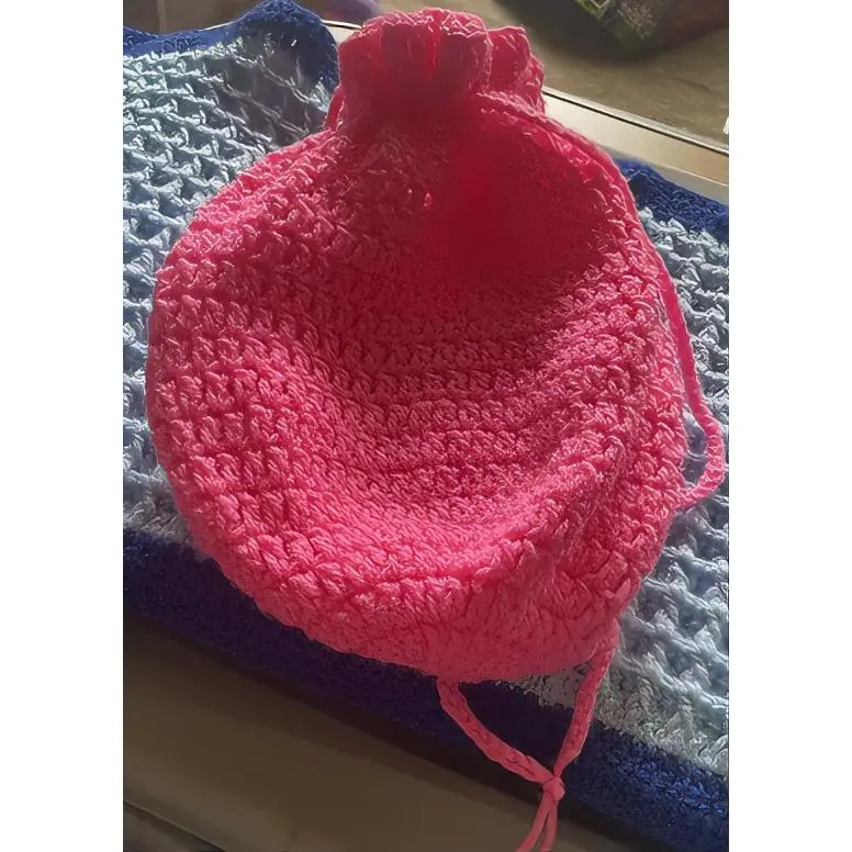 Crochet Pink Drawstring Bag - Handmade Textile Storage Solution for Everyday Use